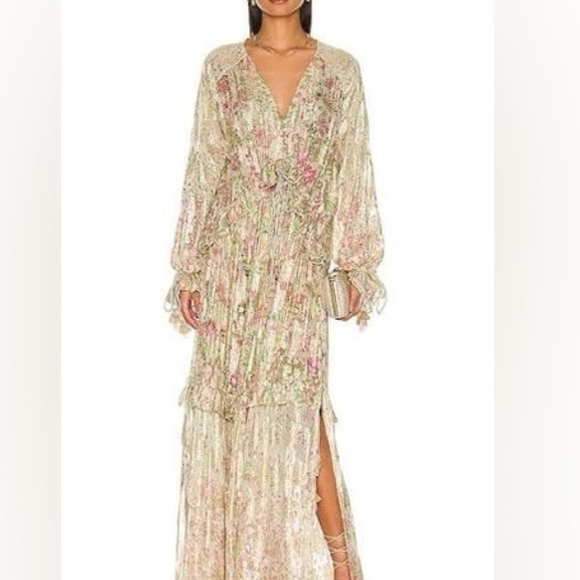 HEMANT & NANDITA Dresses & Skirts - HEMANT & NANDITA Cream Floral Maxi Dress with Pink and Green Detail